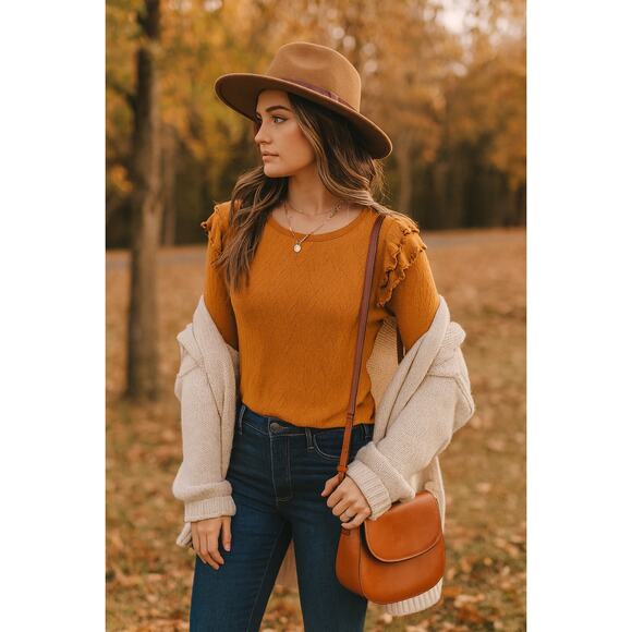 Free People SZ M Pointelle Knitted Ruffle Shoulder Top Rust OB1054014 - Picture 1 of 6